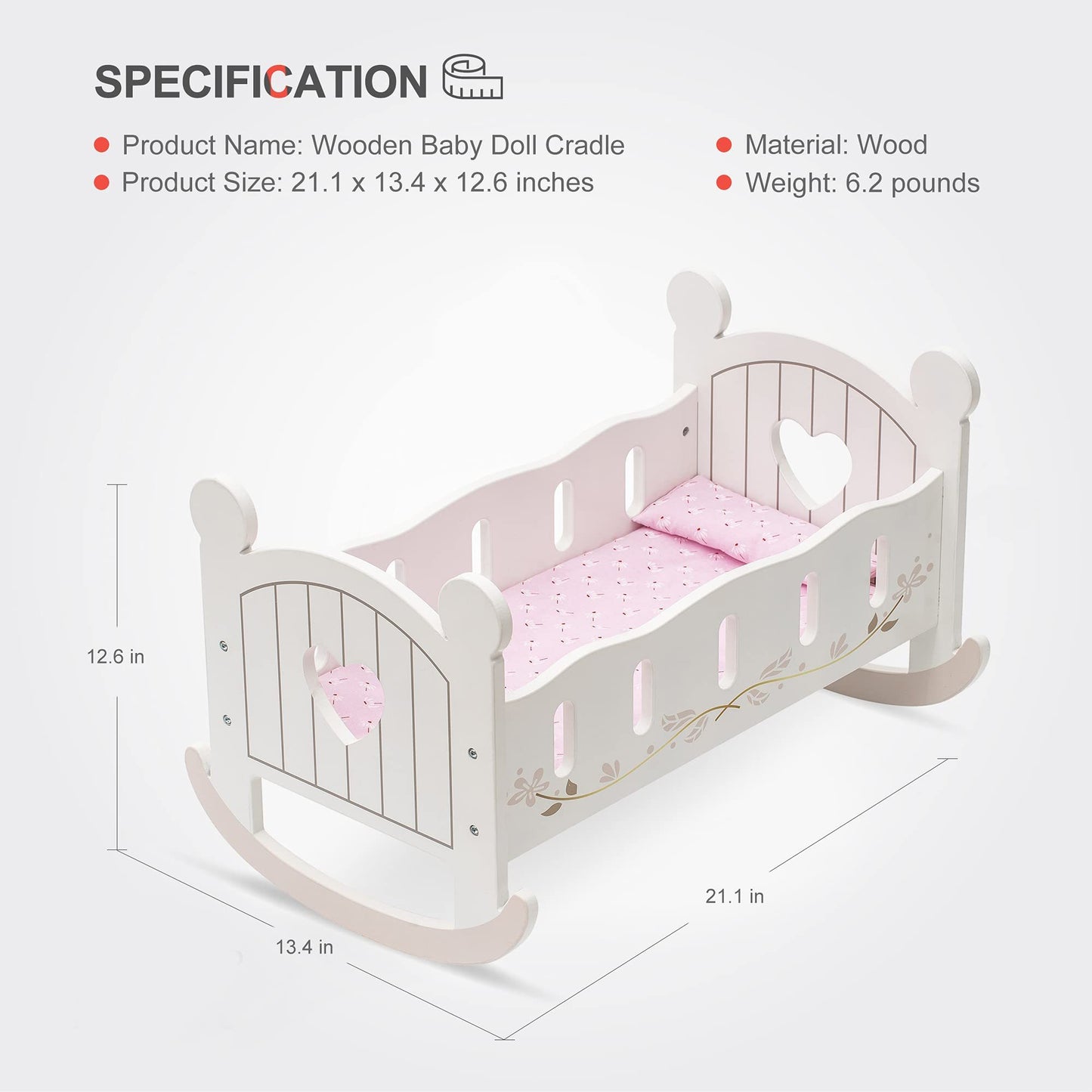 ROBOTIME Reversible Wooden Doll Crib for 18" Dolls