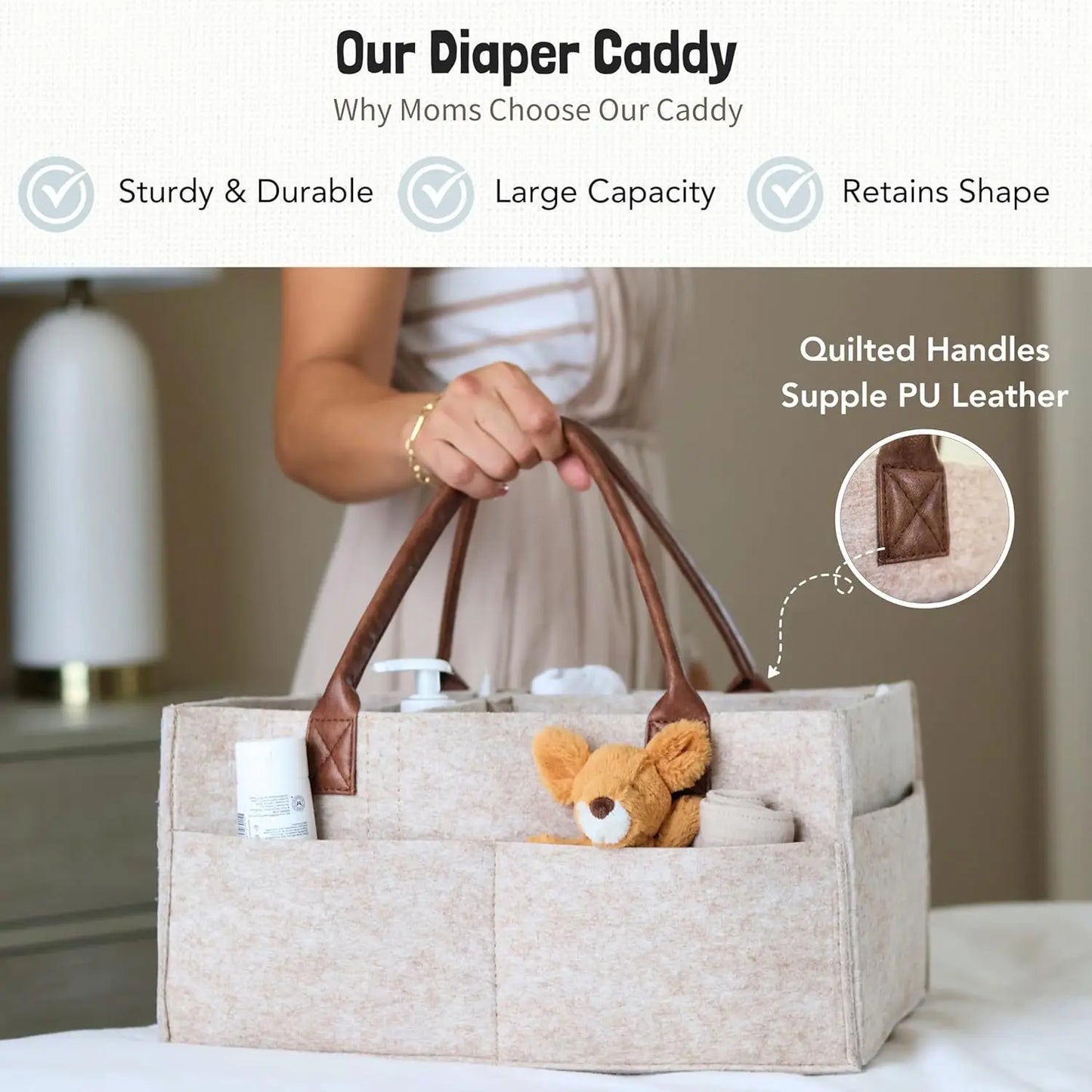 Baby Felt Diaper Caddy – Nursery Organizer Basket with Handle & Large Pocket