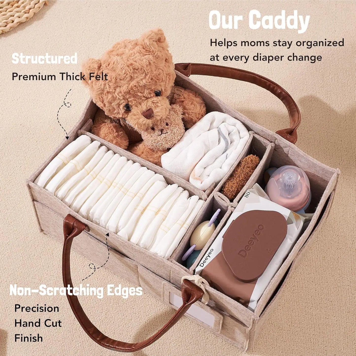 Baby Felt Diaper Caddy – Nursery Organizer Basket with Handle & Large Pocket