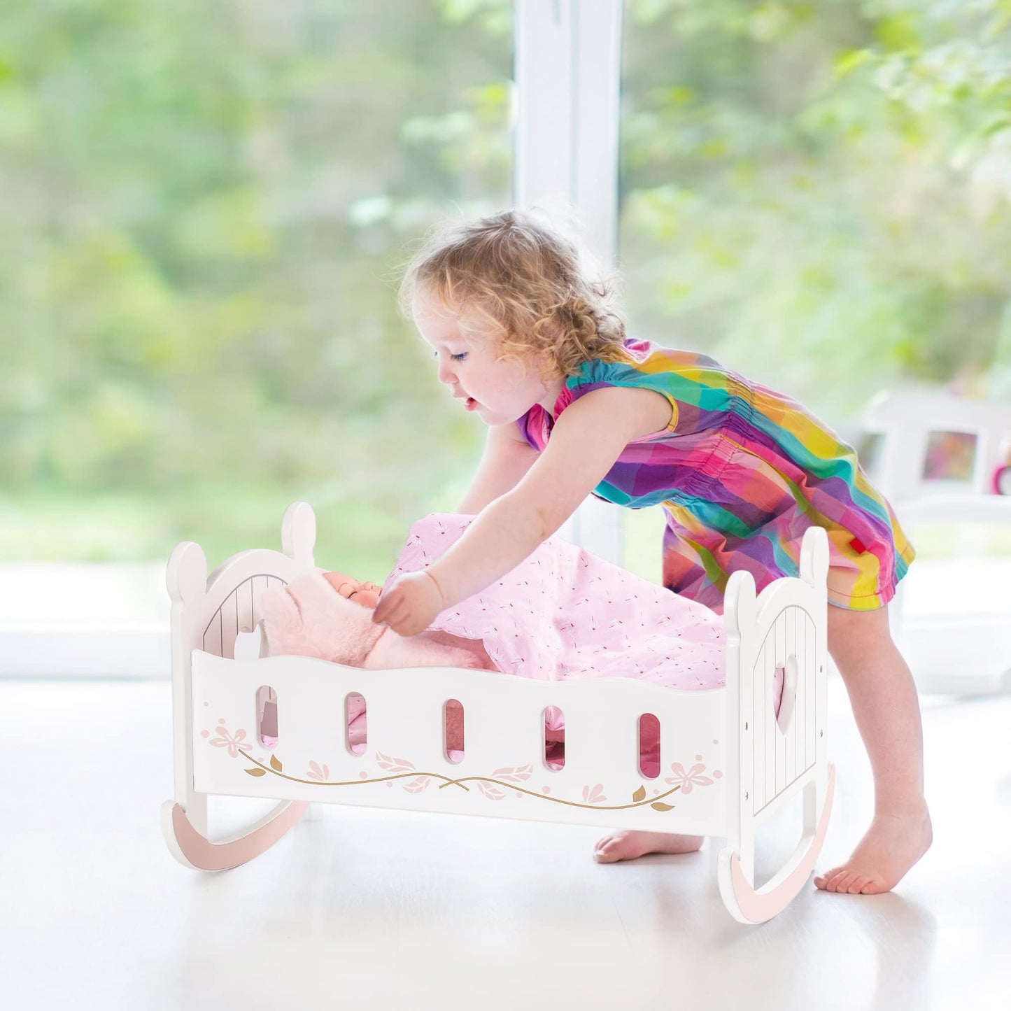 ROBOTIME Reversible Wooden Doll Crib for 18" Dolls